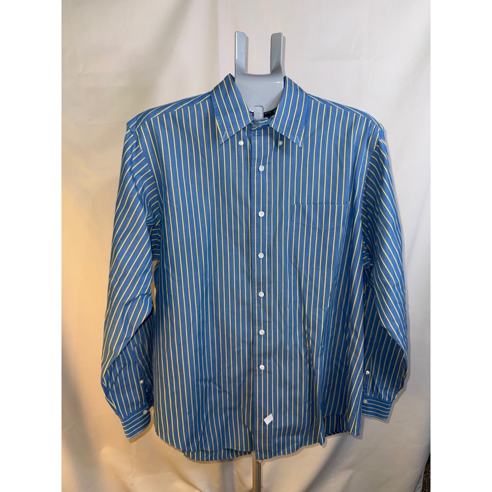 Ralph Lauren Men 16.5 35 Blue Yellow Striped Cotton Button Down Shirt Long Sleev